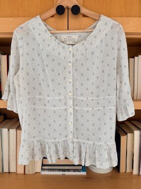 Trovata Birds of Paradise Cotton Embroidered Blue White Top L Anthropologie Chic